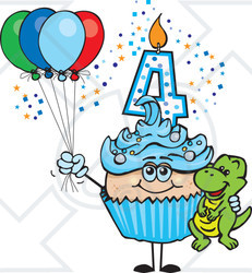 Clipart of a Blue Boys Fourth Birthday Cupcake with a Dinosaur and Balloons - Royalty Free Vector Illustration