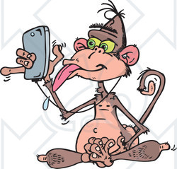 Clipart of a Drooling Wise Monkey Using a Cell Phone Music Player - Royalty Free Vector Illustration