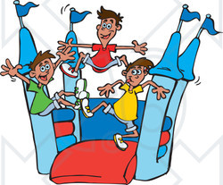 Clipart of Boys Jumping on a Red and Blue Castle Bouncy House 3 - Royalty Free Vector Illustration