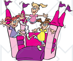 Clipart of a Caucasian Girls Jumping on a Pink and Purple Castle Bouncy House - Royalty Free Vector Illustration