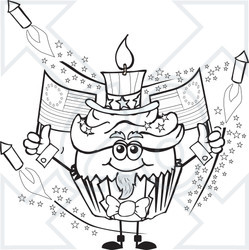 Clipart of a Grayscale Patriotic American Uncle Sam Cupcake with Fireworks and Flags - Royalty Free Vector Illustration