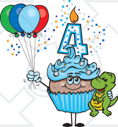 Clipart of a Blue Boys African Fourth Birthday Cupcake with a Dinosaur and Balloons - Royalty Free Vector Illustration