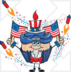 Clipart of a Patriotic American Uncle Sam Cupcake with Fireworks and Flags - Royalty Free Vector Illustration