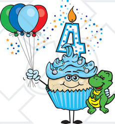 Clipart of a Blue Boys Asian Fourth Birthday Cupcake with a Dinosaur and Balloons - Royalty Free Vector Illustration