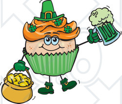Clipart of a Leprechaun St Patricks Day Holiday Cupcake Holding a Beer and Gold - Royalty Free Vector Illustration