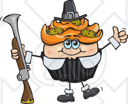 Clipart of a Pilgrim Thanksgiving Holiday Cupcake Holding a Musket - Royalty Free Vector Illustration