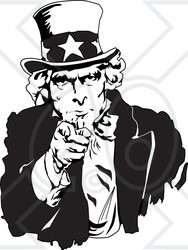 Clipart of a Black and White Uncle Sam Pointing Outwards - Royalty Free Vector Illustration