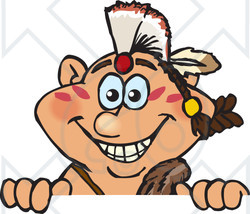 Clipart of a Happy Native American Indian Man Peeking over a Sign - Royalty Free Vector Illustration
