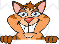 Clipart of a Happy Tabby Cat Peeking over a Sign - Royalty Free Vector Illustration