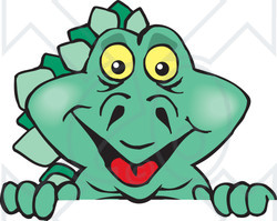 Clipart of a Happy Green Stegosaur Dinosaur Peeking over a Sign - Royalty Free Vector Illustration