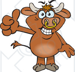Clipart of a Happy Brown Bull Giving a Thumb up - Royalty Free Vector Illustration