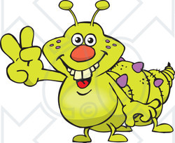 Clipart of a Happy Green Caterpillar Gesturing Peace - Royalty Free Vector Illustration