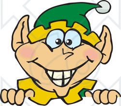 Clipart of a Happy Male Christmas Elf Peeking over a Sign - Royalty Free Vector Illustration