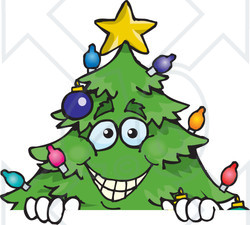 Clipart of a Happy Christmas Tree Peeking over a Sign - Royalty Free Vector Illustration