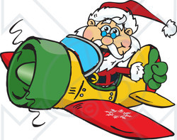 Clipart of a Happy Santa Giving a Thumb up and Flying a Christmas Plane - Royalty Free Vector Illustration