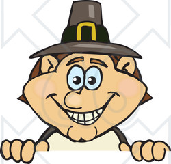 Clipart of a Happy Male Thanksgiving Pilgrim Peeking over a Sign - Royalty Free Vector Illustration