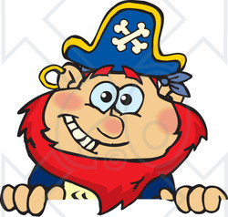 Clipart of a Happy Red Haired Male Pirate Peeking over a Sign - Royalty Free Vector Illustration