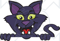 Clipart of a Black Cat Peeking over a Sign - Royalty Free Vector Illustration