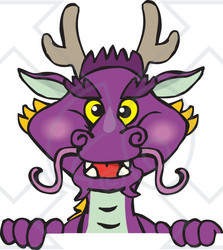 Clipart of a Purple Dragon Peeking over a Sign - Royalty Free Vector Illustration