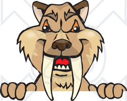 Clipart of a Saber Toothed Tiger Peeking over a Sign - Royalty Free Vector Illustration