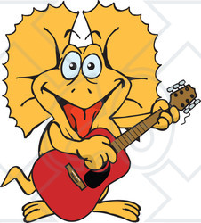 Clipart of a Happy Frill Lizard Playing an Acoustic Guitar - Royalty Free Vector Illustration