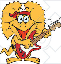 Clipart of a Happy Frill Lizard Playing an Electric Guitar - Royalty Free Vector Illustration