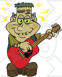 Clipart of a Happy Frankenstein Playing an Acoustic Guitar - Royalty Free Vector Illustration