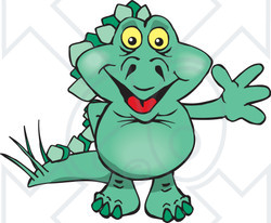 Clipart of a Happy Green Steagosaur Dinosaur Waving - Royalty Free Vector Illustration