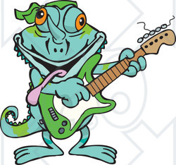 Clipart of a Happy Chameleon Lizard Playing an Electric Guitar - Royalty Free Vector Illustration