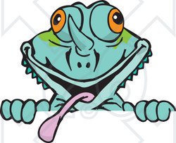 Clipart of a Happy Chameleon Lizard Peeking over a Sign - Royalty Free Vector Illustration