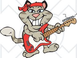Clipart of a Happy Tabby Cat Playing an Electric Guitar - Royalty Free Vector Illustration