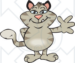 Clipart of a Happy Striped Tabby Cat Waving - Royalty Free Vector Illustration