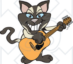 Clipart of a Happy Siamese Cat Playing an Acoustic Guitar - Royalty Free Vector Illustration