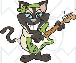 Clipart of a Happy Siamese Cat Playing an Electric Guitar - Royalty Free Vector Illustration