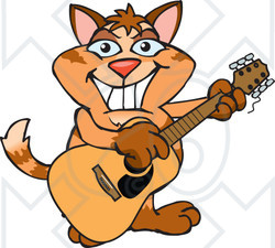 Clipart of a Happy Ginger Tabby Cat Playing an Acoustic Guitar - Royalty Free Vector Illustration