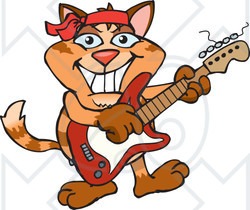 Clipart of a Happy Ginger Tabby Cat Playing an Electric Guitar - Royalty Free Vector Illustration