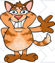 Clipart of a Friendly Waving Tabby Cat - Royalty Free Vector Illustration