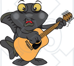 Clipart of a Happy Black Moor Fish Playing an Acoustic Guitar - Royalty Free Vector Illustration