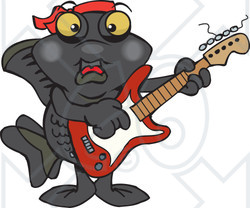 Clipart of a Happy Black Moor Fish Playing an Electric Guitar - Royalty Free Vector Illustration