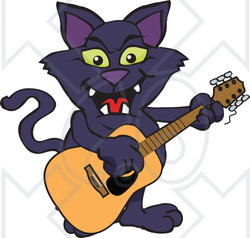 Clipart of a Black Cat Playing an Acoustic Guitar - Royalty Free Vector Illustration