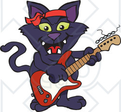 Clipart of a Black Cat Playing an Electric Guitar - Royalty Free Vector Illustration