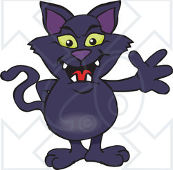 Clipart of a Friendly Waving Black Cat - Royalty Free Vector Illustration