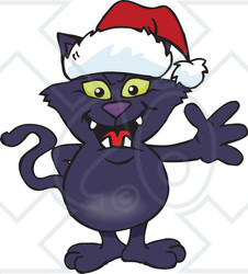 Clipart of a Friendly Waving Black Cat Wearing a Christmas Santa Hat - Royalty Free Vector Illustration