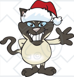Clipart of a Friendly Waving Siamese Cat Wearing a Christmas Santa Hat - Royalty Free Vector Illustration