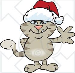 Clipart of a Friendly Waving Tabby Cat Wearing a Christmas Santa Hat - Royalty Free Vector Illustration