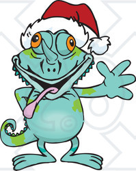 Clipart of a Friendly Waving Chameleon Lizard Wearing a Christmas Santa Hat - Royalty Free Vector Illustration