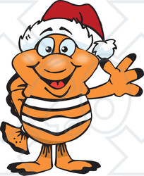 Clipart of a Friendly Waving Clownfish Wearing a Christmas Santa Hat - Royalty Free Vector Illustration