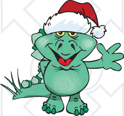 Clipart of a Friendly Waving Stegosaur Dinosaur Wearing a Christmas Santa Hat - Royalty Free Vector Illustration