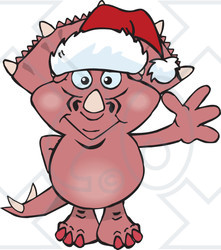 Clipart of a Friendly Waving Triceratops Dinosaur Wearing a Christmas Santa Hat - Royalty Free Vector Illustration