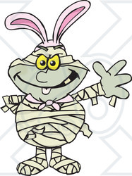 Clipart of a Friendly Waving Mummy Wearing Easter Bunny Ears - Royalty Free Vector Illustration